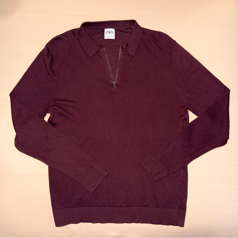 Zara Men's Dark Red Zip-Up Sweater